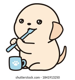 The puppy brushing its teeth. white background.