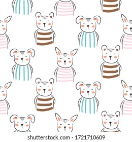 Puppy, bunny and bear cute seamless doodle pattern vector. Childish cartoon background with cheerful animals on white background.