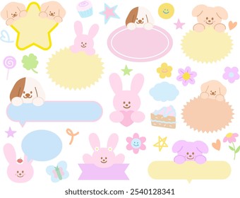 Cachorro, conejito, torta, mariposa, cupcake, flor, corazón para la etiqueta del nombre, burbuja de texto, personaje de dibujos animados, cómic, mascota, texto, mensaje, diálogo, charla, pegatina, tienda de mascotas, veterinario, adoptar y rescatar animales