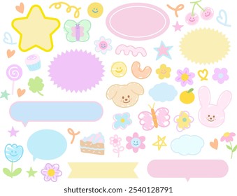 Puppy, bunny, cake, butterfly, cupcake, flower, heart for name tag, text bubble, cartoon character, comic, mascot, text, message, dialogue, chatting, sticker, pet shop, vet, adopt and rescue animals