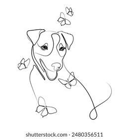 Welpe mit Schmetterlingen Eine Linie Zeichnen Art. Haustier Konzept Illustration. Tiermedizin und Tierpflege. In: Dog Breed Jack Russell Terrier. Linienzeichnung. Vektorillustration