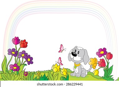 puppy and butterfly in the background