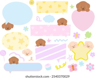 Puppy, butterfly, flower, cake, clover leaf for name tag, text bubble, cartoon character, comic, mascot, text, message, dialogue, chatting, sticker, pet shop, vet, adopt and rescue animals, dog lover