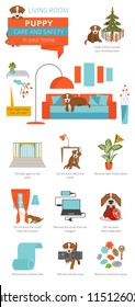 Puppy care and safety in your home. Living room. Pet dog training infographic design. Vector illustration