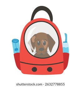 Cachorro en un portador con una ventana transparente. Ilustración vectorial de una mascota en un transportín de mascotas con una botella de agua para perros y bolsas de caca. Concepto de viajar con animales y cuidado de mascotas