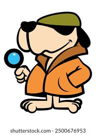 Puppy cartoon characters wearing newsboy cap with coat, carrying a magnifying glass and playing as Private Investigator. Best for sticker, logo, and mascot with crime themes