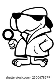 Puppy cartoon characters wearing newsboy cap with coat, carrying a magnifying glass and playing as Private Investigator. Best for outline, logo, and coloring book with crime themes