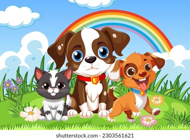 Puppy and cat friend at the outdoor garden illustration