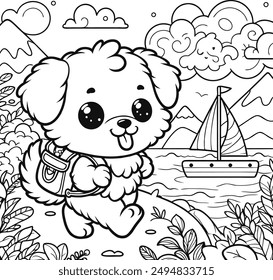 Puppy character exploring an adventurous coloring pages, The puppy should have a happy expression, wearing a backpack as it walks along a water body with a small sailboat.