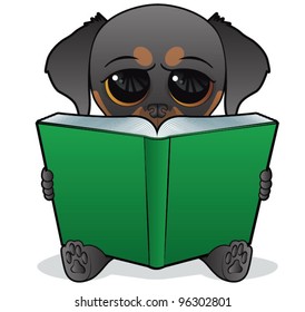 Puppy character reading a big open book