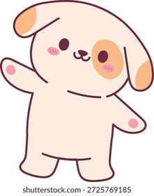 Ondas de personaje cachorro con cuerpo redondeado, oreja floja, mejillas rosadas y contorno audaz. Símbolo de amabilidad, bienvenida, saludo y humor infantil. Ilustración vectorial de dibujos animados.