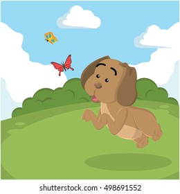 puppy chasing butterflies vector illustration design