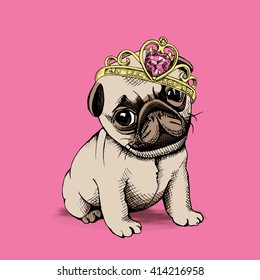 Puppy Chihuahua in a Princess crown on pink background. Vector illustration.