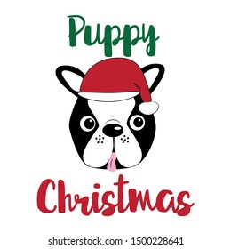 Puppy Christmas, cute Boston terrier face, wiht  Santa's cap. Good for posters, greeting cards, textiles, gifts.