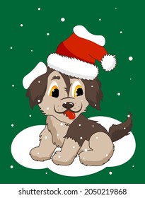 A puppy in a Christmas hat. Christmas illustration with a puppy and snow. Vector illustration with a puppy.
