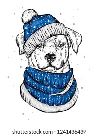 The puppy  in the Christmas hat. Santa Claus dog. New Year and Christmas, winter holidays. Vector illustration for postcard, or print on clothes.
