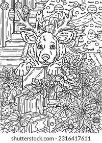 Puppy as Christmas Present Adults Coloring Page