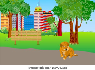 Puppy in the city park, beautiful trees and buildings. Vector illustration in realistic style