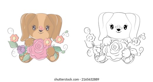 Puppy Clipart for Coloring Page and Multicolored Illustration. Baby Clip Art Dog with Big Flower Bouquet. Illustration of an Animal for Coloring Pages, Prints for Clothes, Stickers, Baby Shower.