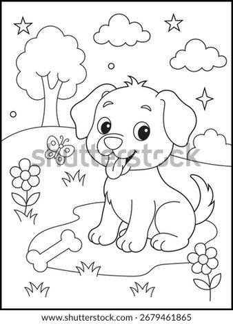 Puppy coloring page featuring a happy little dog sitting outdoors in a garden with flowers, trees, butterflies, clouds, stars, and a bone. cheerful and playful design for kids