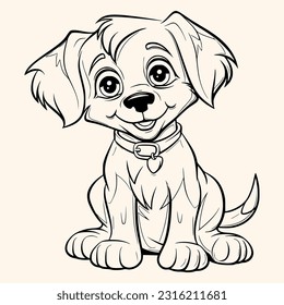 Puppy coloring page for children.Сartoon style hand drawing vector illustration in black outline on a white