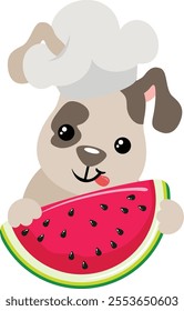 Puppy cook holding slice of fresh watermelon