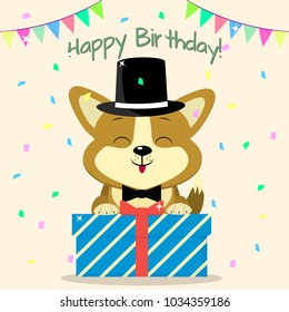 Puppy Corgi in a hat and a bow tie, sits and holds a box with a gift on the background of confetti and flags. Happy Birthday.