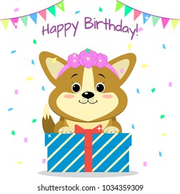 Puppy Corgi with a rim of roses sits and holds a box with a gift on the background of confetti and flags. Happy Birthday.