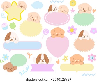 Puppy, cupcake, flower, heart, clover leaf for name tag, text bubble, cartoon character, comic, mascot, text, message, dialogue, chatting, sticker, pet shop, vet, adopt and rescue animals, dog lover