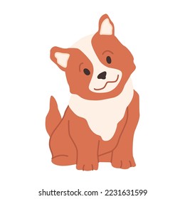 Puppy with curious muzzle expression. isolated dog personage portrait, cheerful dog. Canine animal with soft hairy coat, mammal pet. Vector in flat style