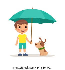 Puppy and cute little boy with yellow umbrella. Happy school or preschool kid and her pet playing together. Funny cartoon character. Vector illustration. Isolated on white background.