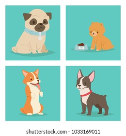 Puppy cute playing dogs characters funny purebred comic happy mammal doggy breed vector illustration.