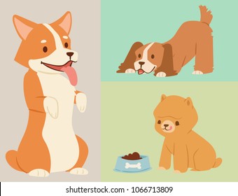 Puppy cute playing dogs characters funny purebred comic happy mammal doggy breed vector illustration.