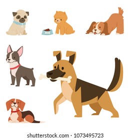 Puppy cute playing dogs characters funny purebred comic happy mammal doggy breed vector illustration.