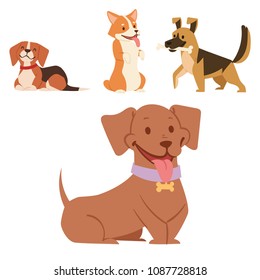 Puppy cute playing dogs characters funny purebred comic happy mammal doggy breed vector illustration.