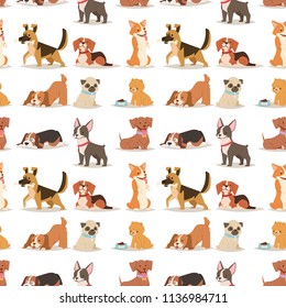 Puppy cute playing dogs characters funny purebred comic happy mammal doggy breed seamless pattern background vector illustration.