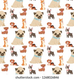 Puppy cute playing dogs characters funny purebred comic happy mammal doggy breed seamless pattern background vector illustration.