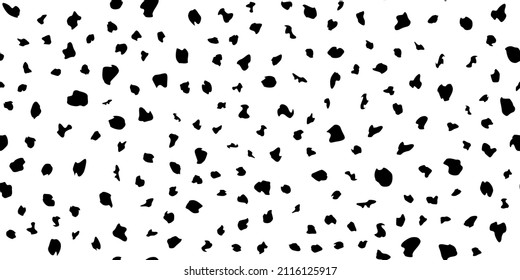 Puppy dalmatian fur abstract simple seamless pattern. Animal camouflage skin endless texture. Organic irregular dotty backdrop. Cheetah or cow black and white coat texture. Fabric surface design svg