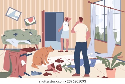 Puppy destroying home. Young dog in naughty room and surprised owners. Pet damaged furniture and accessories, behavior problems kicky vector scene