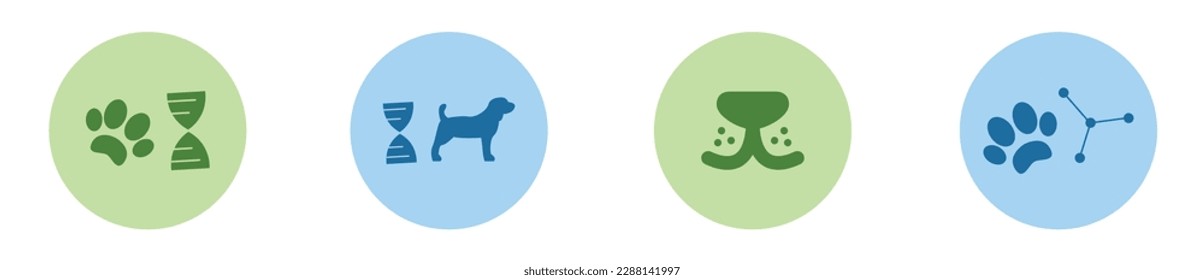 Puppy dna modern icon set, purebred dog concept, evolution genes vector icons, pet breed emblems, animal molecules symbols isolated on white background