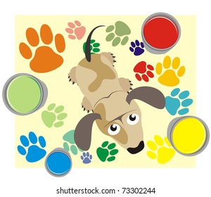 Puppy dog amidst colorful footprints or paw prints - color vector cartoon illustration
