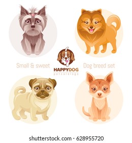 Puppy dog breeds icon set. Yorkshire terrier, pomeranian spitz, chihuahua, pug breed icons. Animal cartoon vintage vector illustration isolated white background. Text lettering pet care logo