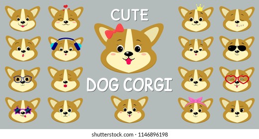 Puppy Dog Corgi smiley, a mega set of different emotions. Cartoon style, flat design, vector illustration