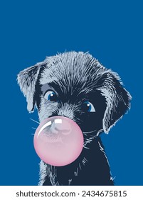 Puppy dog portrait with with bubble gum. Vector illustration.