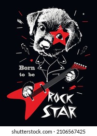 Un retrato de perro con guitarra. Lema Nacido para ser estrella de rock. Ilustración vectorial.