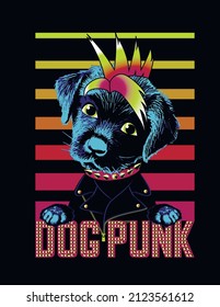 Puppy dog portrait with mohawk and slogan dog punk. Vector illustration.