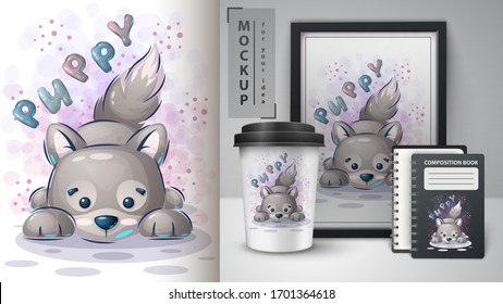 Puppy dog poster and merchandising. Hand draw