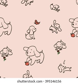 Puppy dog t-shirt seamless pattern. Sitting dogs on pink background illustration. Child drawing style. Designed for children's T-shirts, backpacks, clothes.
