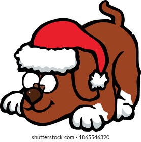 A puppy dog wearing a santa hat. 