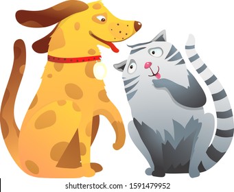 Puppy doggy and kitten cat company forever best friends. Veterinarian clinic or shelter for dogs and cats comic friendly pets cartoon drawing.